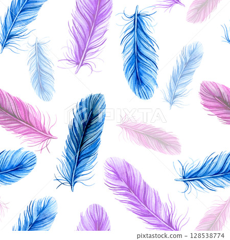 Seamless pattern of blue and pink feathers. Watercolor illustration. 128538774
