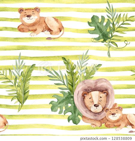 Watercolor seamless pattern with cute lion baby and adult and Tropical leaves on green striped background. Safari Animals hand drawn illustrations for kid textile prints, wallpaper and packaging paper Watercolor seamless pattern with cute lion baby and adult and Tropical leaves on green striped background. Safari Animals hand drawn illustrations for kid textile prints, wallpaper and packaging paper 128538809