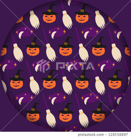 Halloween Pumpkins in Witch Hat with Brooms and Crescent with Cloud Halloween Pattern Paper Cut Fond 128538897