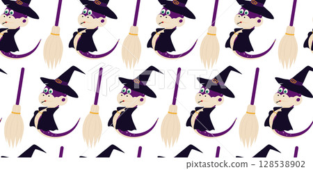 Halloween Snake in Witch Hat and cloak with broomstick Seamless Pattern Banner Format Halloween Fond 128538902
