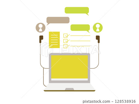 Laptop, earphones and conversation image yellow 128538916