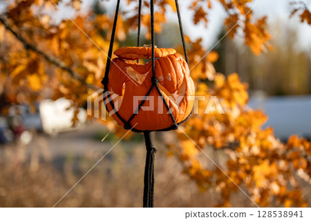 Carved Halloween pumpkins hanging from autumn tree branches 128538941