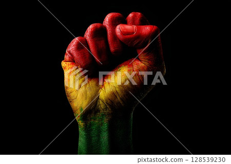 Hand is clenched into a fist, proudly raised up, Pan-African colors, June 19th Juneteenth day, Kwanzaa. Red, black, yellow and green colors. Africa Day. Hand is clenched into a fist, proudly raised up, Pan-African colors, June 19th Juneteenth day, Kwanzaa. Red, black, yellow and green colors. Africa Day. 128539230