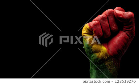 Hand is clenched into a fist, proudly raised up, Pan-African colors, June 19th Juneteenth day, Kwanzaa. Red, black, yellow and green colors. Africa Day. 128539270