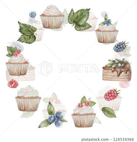 Round watercolor frame with sweet desserts cupcake with raspberry, chocolate cake slice with blueberry and blackberry. White background with space for text. Perfect for menus, cards, invitations. Round watercolor frame with sweet desserts cupcake with raspberry, chocolate cake slice with blueberry and blackberry. White background with space for text. Perfect for menus, cards, invitations. 128539368