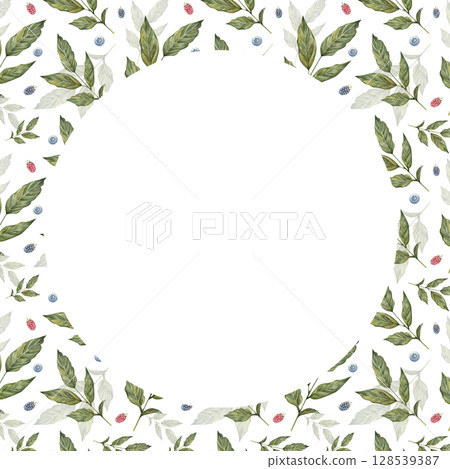 watercolor template coffee leaves, blueberry and raspberry branches. Hand-painted botanical design on white background. Perfect for prints, textiles, kitchen decor, and invitations. watercolor template coffee leaves, blueberry and raspberry branches. Hand-painted botanical design on white background. Perfect for prints, textiles, kitchen decor, and invitations. 128539387