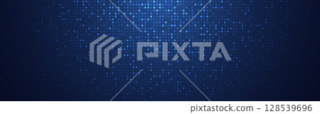 Digital pixels. Blue technology background with glowing squares on dark space. Abstract tech concept. Futuristic pattern with lighting elements for innovation or big data concept. Vector illustration Digital pixels. Blue technology background with glowing squares on dark space. Abstract tech concept. Futuristic pattern with lighting elements for innovation or big data concept. Vector illustration 128539696
