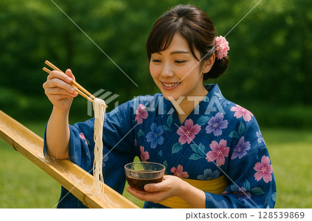 A summer moment when a woman in a yukata enjoys nagashi somen noodles A summer moment when a woman in a yukata enjoys nagashi somen noodles 128539869