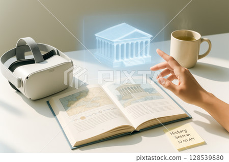 AI-Powered Learning With Parthenon Hologram, Book, And VR Headset On Desk For Educational Technology Visuals. Concept Of Smart Education, Digital History Lessons, AI Assistants, And Virtual Learning 128539880