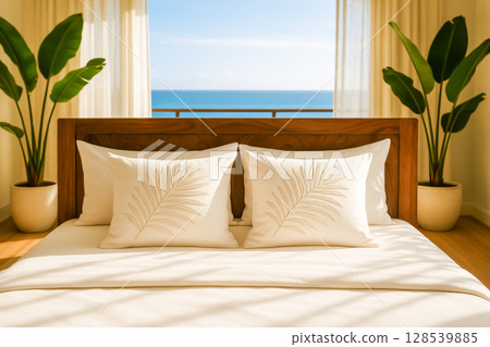 Cozy Hotel Room With Sea View, Wooden Bed And Luxury Bed Linen For Resort And Summer Vacation Visuals. Concept Of Relaxing Holidays, Beachfront Hotels, Travel Destinations, And Bed Linen Presentation 128539885