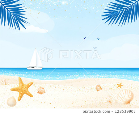 Summer seaside with sand and palm trees 128539905
