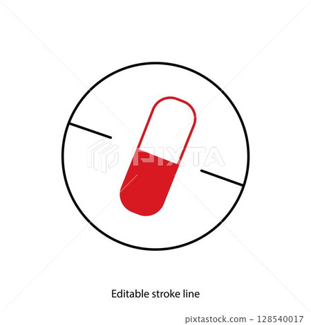 No pills symbol or icon. Vector stock illustration isolated on white background for design template medical, pharmacy, hospital, healthy bio shop concept web and print material. Editable stroke line.  128540017