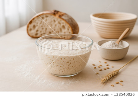 Sourdough Starter In Glass Bowl With Flour, Wheat, And Fresh Bread On Table For Artisan Baking Visuals. Concept Of Natural Fermentation, Homemade Bread, Traditional Recipes, And Slow Food Movement Sourdough Starter In Glass Bowl With Flour, Wheat, And Fresh Bread On Table For Artisan Baking Visuals. Concept Of Natural Fermentation, Homemade Bread, Traditional Recipes, And Slow Food Movement 128540026