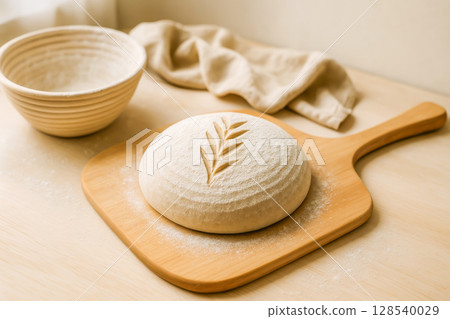 Sourdough Bread Dough With Scoring On Wooden Peel With Banneton And Linen For Artisan Baking Visuals. Concept Of Homemade Bread, Natural Fermentation, Traditional Baking, And Slow Food 128540029