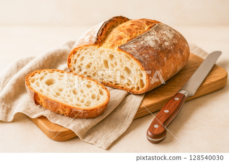 Freshly Baked Sourdough Bread On Wooden Board With Knife For Artisan Bakery And Homemade Food Visuals. Concept Of Natural Fermentation, Rustic Baking, Healthy Eating, And Traditional Recipes Freshly Baked Sourdough Bread On Wooden Board With Knife For Artisan Bakery And Homemade Food Visuals. Concept Of Natural Fermentation, Rustic Baking, Healthy Eating, And Traditional Recipes 128540030