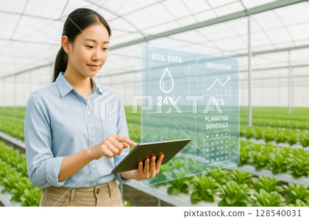 Woman Using Digital Tablet With Smart Farming Dashboard In Greenhouse For AgriTech And Sustainability Visuals. Concept Of Precision Agriculture, Soil Monitoring, Data-Driven Farming, And Eco Food Prod 128540031