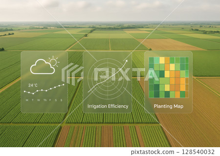 Smart Farming Dashboard With Weather, Irrigation, And Planting Data Over Green Fields For AgriTech Visuals. Concept Of Precision Agriculture, Crop Monitoring, Data-Driven Farming, And Sustainable Land Smart Farming Dashboard With Weather, Irrigation, And Planting Data Over Green Fields For AgriTech Visuals. Concept Of Precision Agriculture, Crop Monitoring, Data-Driven Farming, And Sustainable Land 128540032