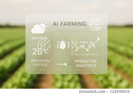 Smart Farming Interface With AI Dashboard Overlay On Green Field Background For AgriTech And Innovation Visuals. Concept Of Precision Agriculture,, Irrigation Control, And Predictive Analytics Smart Farming Interface With AI Dashboard Overlay On Green Field Background For AgriTech And Innovation Visuals. Concept Of Precision Agriculture,, Irrigation Control, And Predictive Analytics 128540033