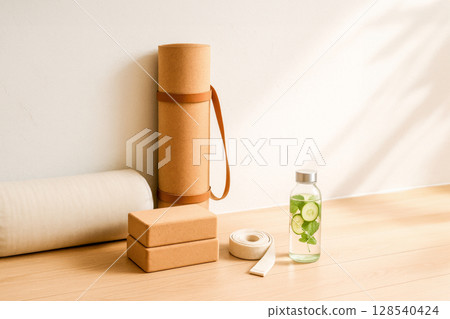 Eco Yoga Set With Cork Mat, Blocks, Strap, And Detox Water Bottle On Wooden Floor For Wellness And Fitness Visuals. Concept Of Sustainable Workout Gear, Mindful Movement, Clean Living, And Holistic He 128540424
