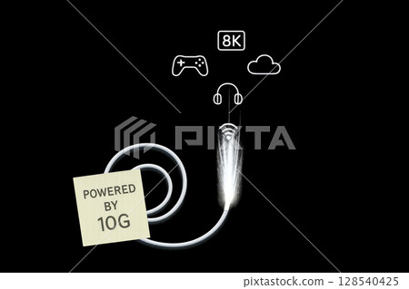 Powered By 10G Infographic With Icons Of Gaming, 8K Streaming, And Cloud Connection On Black Background For Technology Visuals. Concept Of Ultra-Fast Internet, Low Latency, Digital Freedom, And Next-G 128540425