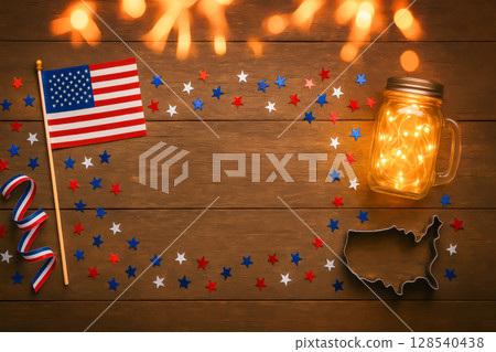 Fourth Of July Flat Lay With Flag Garland And Fairy Lights On Wooden Table. Patriotic Concept For Independence Day Decor, Americana Branding, Patriotic Celebrations, And Festive Design Templates Fourth Of July Flat Lay With Flag Garland And Fairy Lights On Wooden Table. Patriotic Concept For Independence Day Decor, Americana Branding, Patriotic Celebrations, And Festive Design Templates 128540438