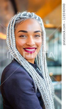 Confident Young Woman With Silver Braids In Modern Office Interior For Diversity, Individuality, And Self-Expression Visuals. Concept Of Authentic Beauty, Career Confidence, And Professional Identity Confident Young Woman With Silver Braids In Modern Office Interior For Diversity, Individuality, And Self-Expression Visuals. Concept Of Authentic Beauty, Career Confidence, And Professional Identity 128540440