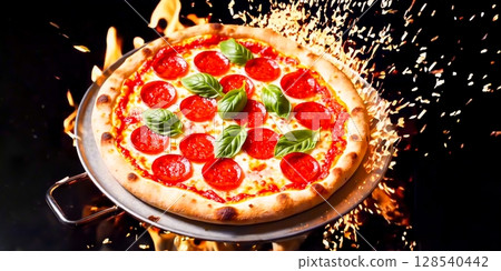 Pepperoni Pizza On Black Background With Sparks Flying, Showcasing Spicy And Savory Italian Culinary Concepts For Pizzerias Visuals Or Menu Designs 128540442