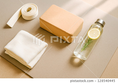 Yoga Accessories Set With Cork Block, Strap, Towel, And Detox Water On Mat For Wellness And Fitness Visuals. Concept Of Sustainable Yoga Practice, Mindful Movement, Hydration, And Healthy Lifestyle 128540445
