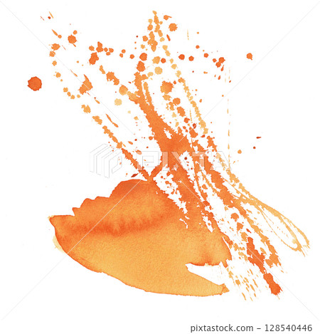 Bright watercolor splashes of ripe sea buckthorn berries. Illustration with dynamic splashes, handmade, a design element for compositions and as an independent element for patterns and backgrounds. Bright watercolor splashes of ripe sea buckthorn berries. Illustration with dynamic splashes, handmade, a design element for compositions and as an independent element for patterns and backgrounds. 128540446