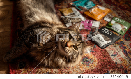 Domestic cat with signs of obesity thick belly and swollen fat muzzle. Sedentary lifestyle pet. Disease. Laziness. problems associated obesity due greater amount food treats we consume unhealthy diet 128540449