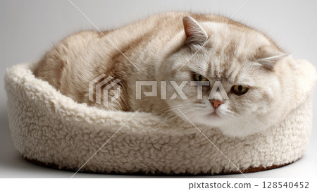 Domestic cat with signs of obesity thick belly and swollen fat muzzle. Sedentary lifestyle pet. Disease. Laziness. problems associated obesity due greater amount food treats we consume unhealthy diet 128540452