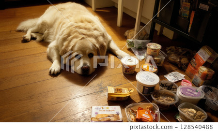 Cute fat dog sad because excess weight. Modern problem of obesity in pets due to overfeeding with food and treats. Concept diet and fight against excess weight in dogs and awareness of animal health 128540488