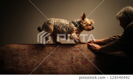 Cute fat dog sad because excess weight. Modern problem of obesity in pets due to overfeeding with food and treats. Concept diet and fight against excess weight in dogs and awareness of animal health 128540492