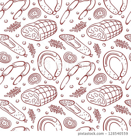 Seamless red line art style pattern with sausage, ham, herbs, onion slice and peppercorn. Perfect for butcher shop, packaging food, background kitchen, menu or traditional meat cuisine design. 128540559