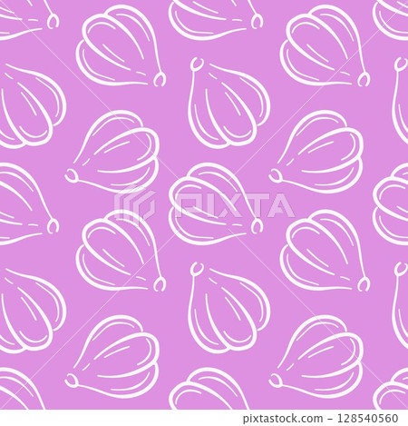 Seamless pattern of garlic bulb in line art style on pink background. Ideal for culinary book, spice package, food and kitchen wallpaper design. Seamless pattern of garlic bulb in line art style on pink background. Ideal for culinary book, spice package, food and kitchen wallpaper design. 128540560