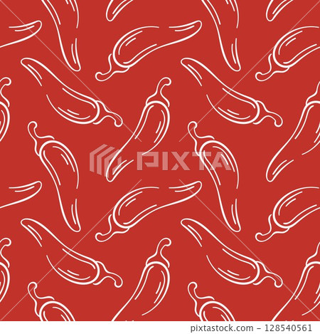Seamless pattern of red chili pepper in line art style on red background. Perfect for spice package, kitchen wallpaper and culinary book. Seamless pattern of red chili pepper in line art style on red background. Perfect for spice package, kitchen wallpaper and culinary book. 128540561