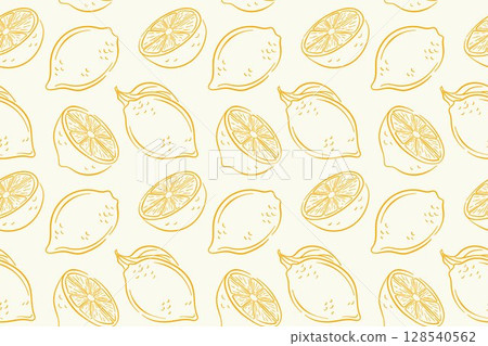 Seamless lemon pattern with whole and sliced yellow lemon on white background in line art style. Perfect for summer design, kitchen decor, textile, package and healthy food theme. Seamless lemon pattern with whole and sliced yellow lemon on white background in line art style. Perfect for summer design, kitchen decor, textile, package and healthy food theme. 128540562