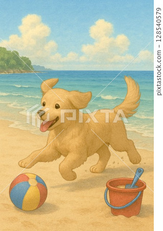 狗在沙灘上玩 128540579