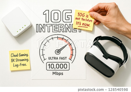 10G Internet Infographic With Speed Gauge, VR Headset, And Sticky Notes For High-Speed Technology Visuals. Concept Of Ultra-Fast Connection, Cloud Gaming, 8K Streaming, And Next-Gen Internet Solutions 128540598