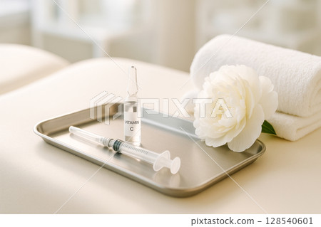 Vitamin C Ampoule And Syringes On Metal Tray With White Towel And Flower In Spa Clinic Setting For Skincare Visuals. Concept Of Brightening Treatments, Immune Support, Aesthetic Injections, And Beauty 128540601