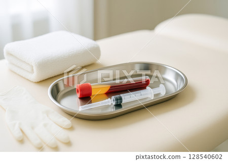 Blood Tube And Syringe On Metal Tray In Clinical Setting With Towel And Gloves For PRP Therapy And Aesthetic Medicine Visuals. Concept Of Regenerative Procedures, Beauty Injections, And Modern Anti-Ag Blood Tube And Syringe On Metal Tray In Clinical Setting With Towel And Gloves For PRP Therapy And Aesthetic Medicine Visuals. Concept Of Regenerative Procedures, Beauty Injections, And Modern Anti-Ag 128540602