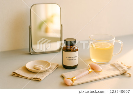 Adaptogen Complex Bottle With Face Roller, Mirror, And Lemon Tea On Table For Morning Routing, Wellness And Self-Care Visuals. Concept Of Stress Relief, Natural Supplements And Holistic Beauty Rituals 128540607