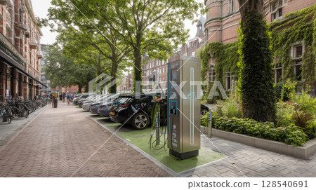 Using a charging station. Sustainability assessment, renewable energy concept. Electric vehicle using a sustainable source. Savings, climate change. 128540691