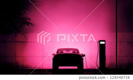 Black modern car headlights - front view. Silhouette of black sports car with headlights on black background in furry style. 128540716