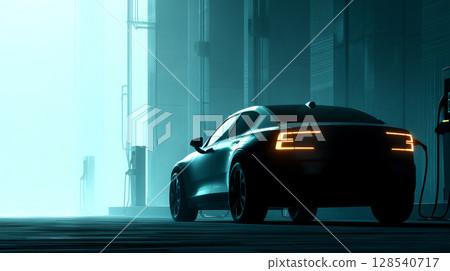 Black modern car headlights - front view. Silhouette of black sports car with headlights on black background in furry style. 128540717