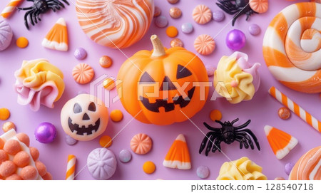 Playful flat lay of Halloween sweets in pastel tones with smiling pumpkins and cute spiders perfect for seasonal content or candy-themed marketing 128540718