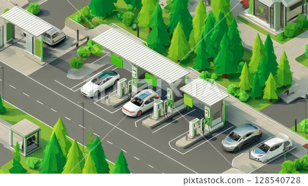Using a charging station. Sustainability assessment, renewable energy concept. Electric vehicle using a sustainable source. Savings, climate change. 128540728