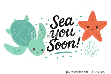 Cute green turtle and smiling starfish swim by a playful farewell message in bubbly ocean scene. Great for marine-themed cards and summer decor Cute green turtle and smiling starfish swim by a playful farewell message in bubbly ocean scene. Great for marine-themed cards and summer decor 128540809