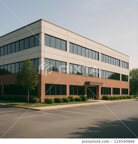 Suburban office building and parking lot featuring a brick and white exterior 128540866