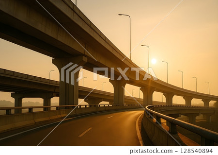 夕陽照射下高架公路美麗的曲線和結構 128540894